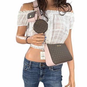 Michael Kors Jet Set Travel Small Crossbody Bag Tech Attached MK Brown Pink